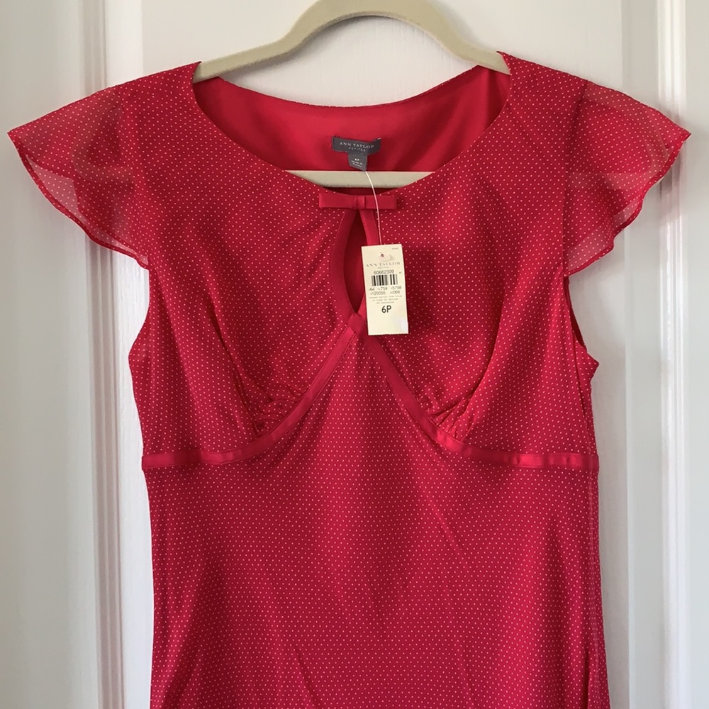NWT ANN TAYLOR Hot Pink 100% Silk Polka Dot Midi Dress Size 6P - Picture 2 of 11